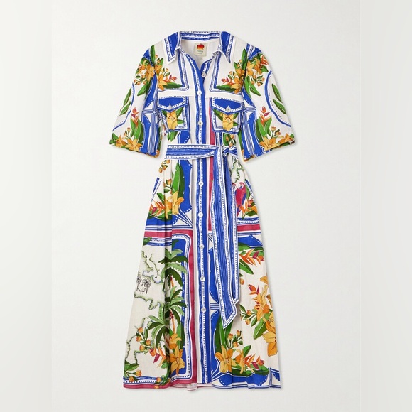 *SOLD* Farm Rio Tropical Destination Midi Linen Blend Shirt Dress Small NWT - Picture 4 of 17